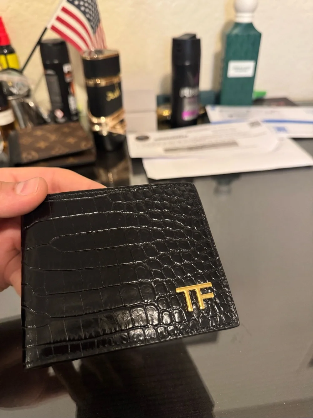 Tom Ford Black Croc-Effect Leather Card Holder with Gold TF Logo